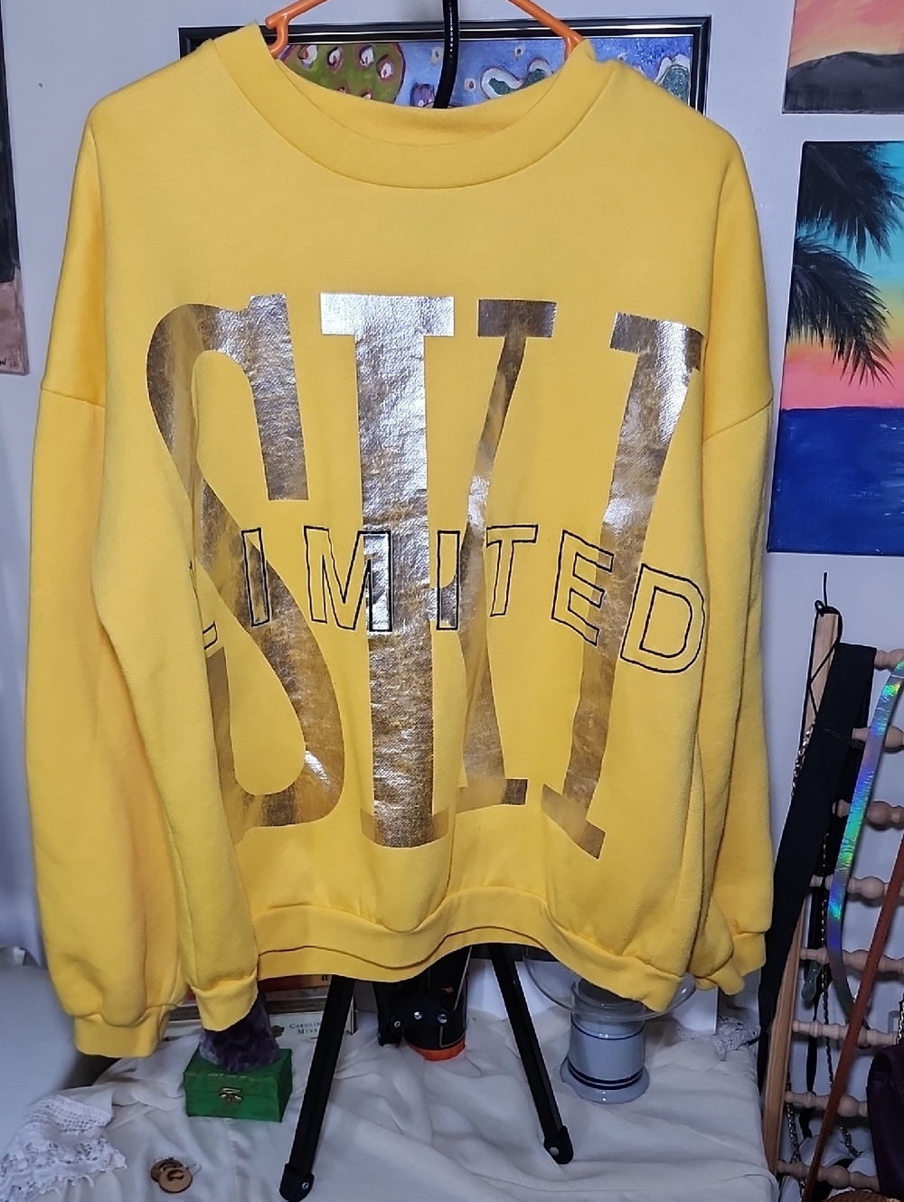 Vintage  Limited Jeans Yellow Graphic Sweatshirt with Silver  Print